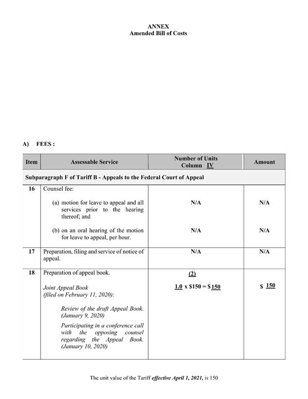 amended bill of costs